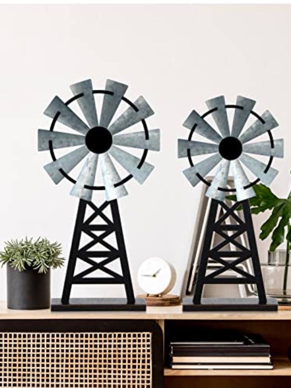 Set of 2 Wooden Farmhouse Windmill Table Top Decor Wood Small